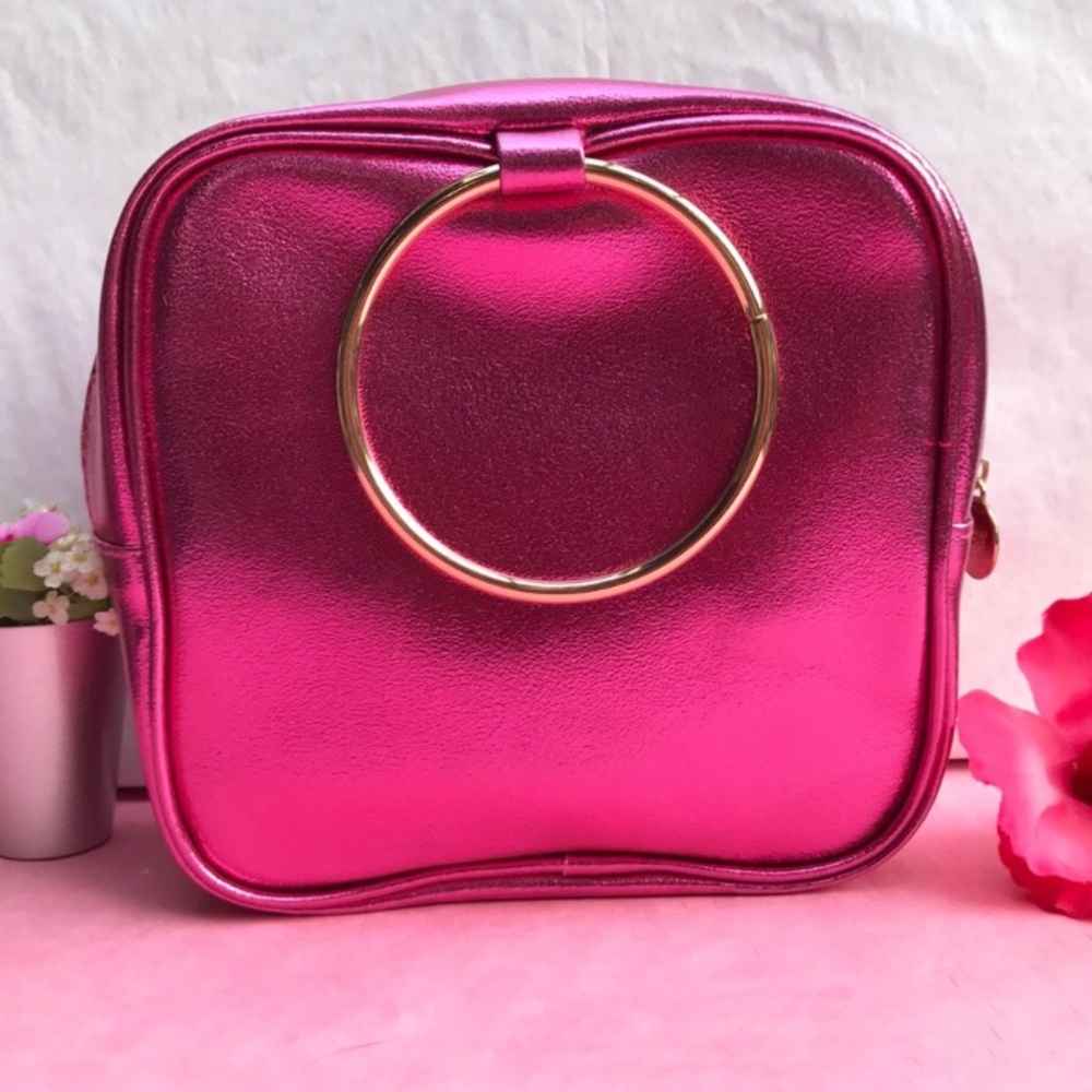 Large Square Hot Pink Metallic Makeup Bag Round Gold Handle Ipsy Glam Bag *NEW